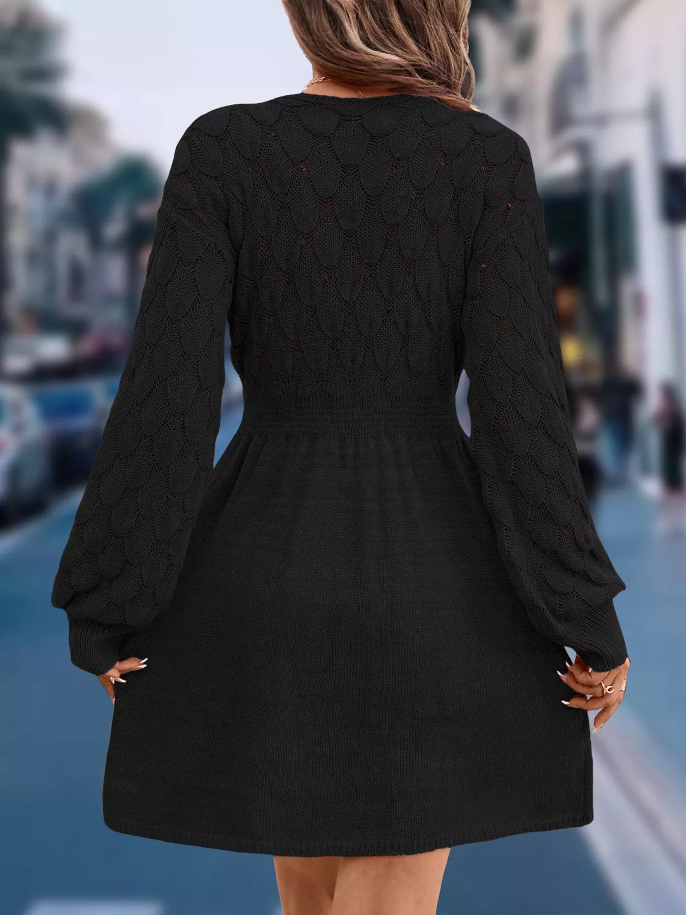 V-Neck Long Sleeve Sweater Dress 