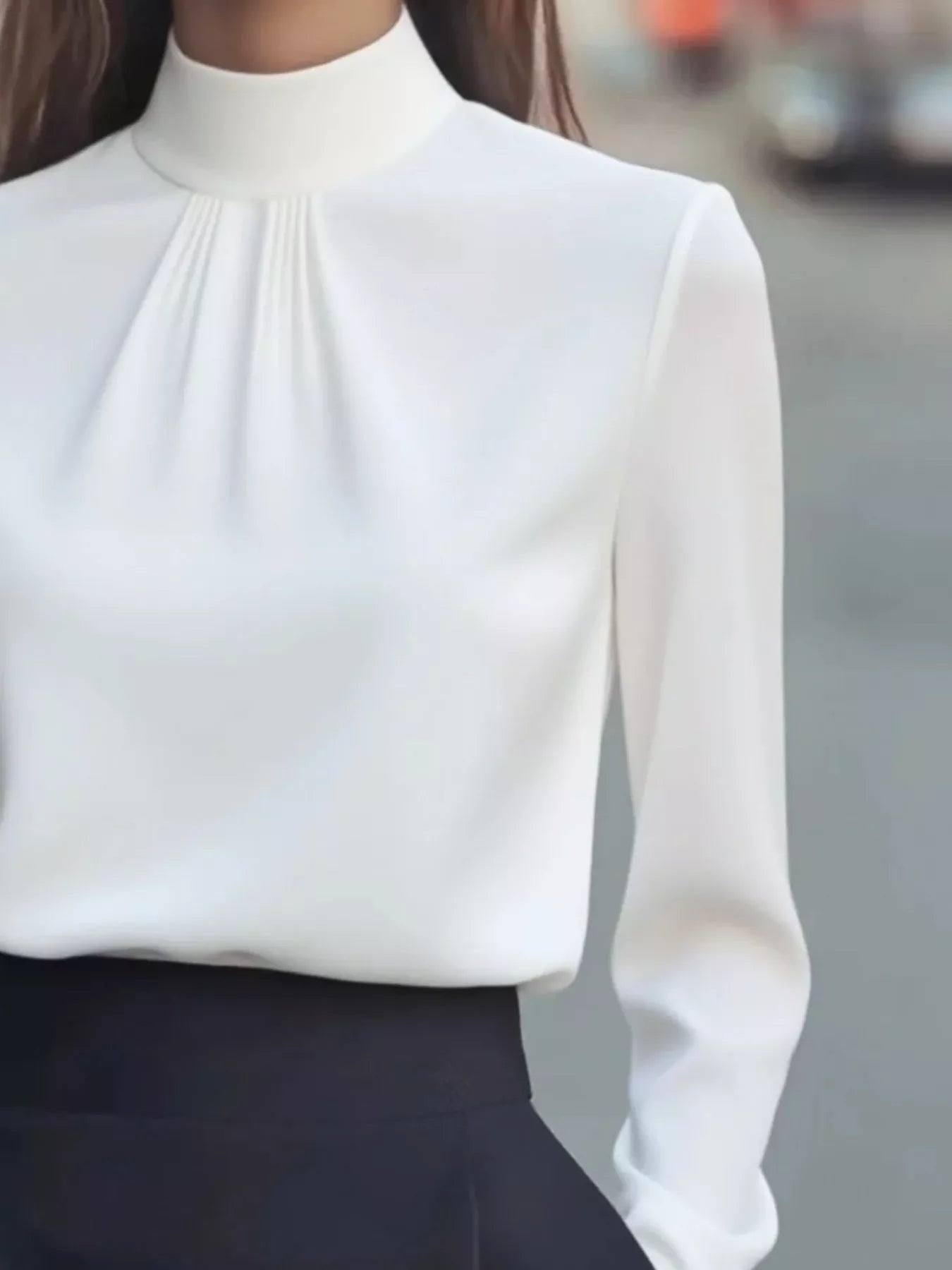 Mock Neck Long Sleeve Blouse with Pleated Detail 