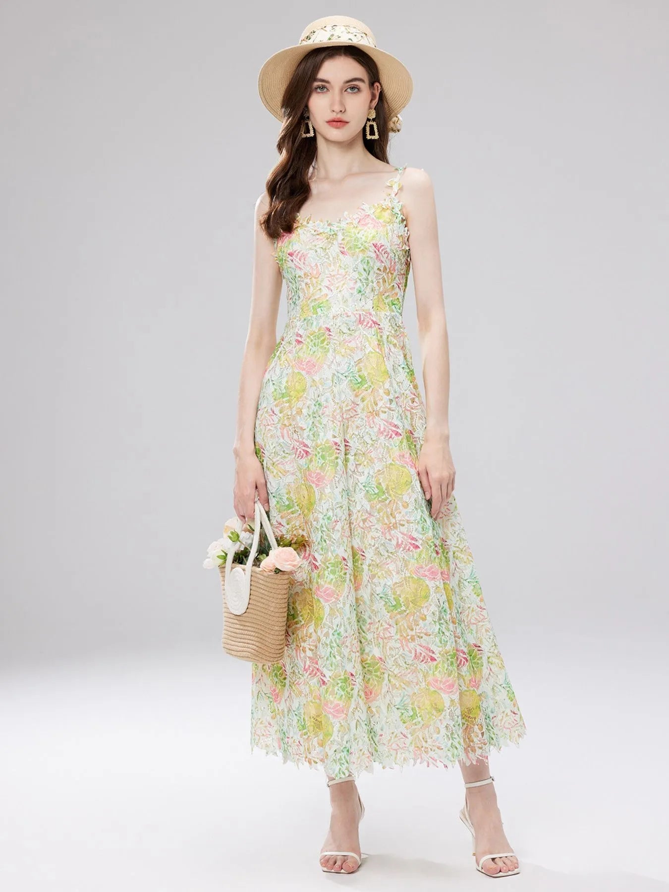 Floral Lace Sleeveless V-Neck Midi Dress 