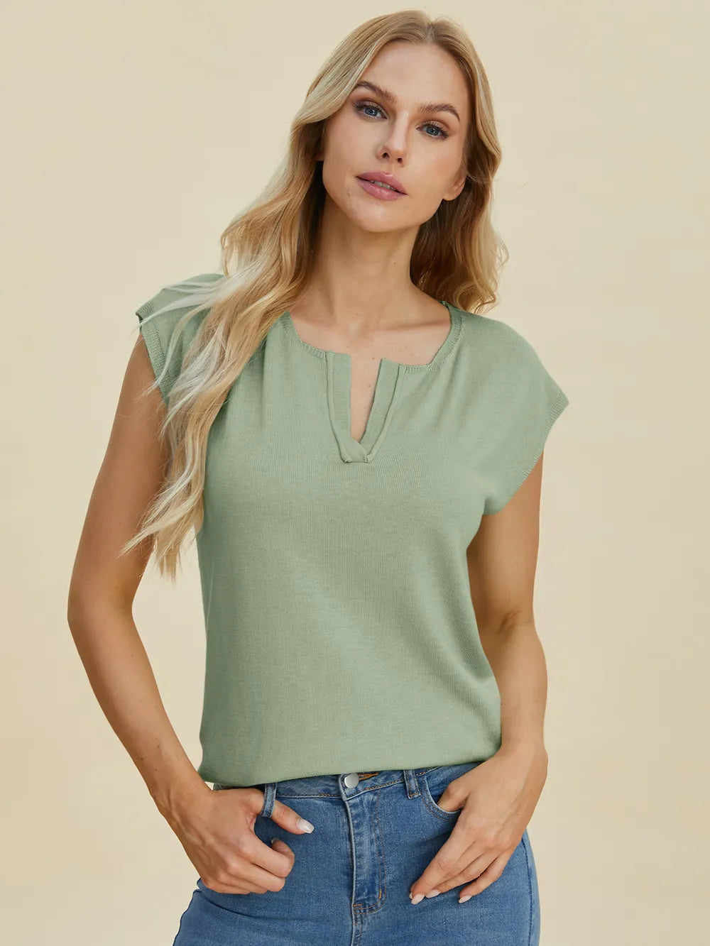 Double Take Full Size Notched Cap Sleeve Knit Top 