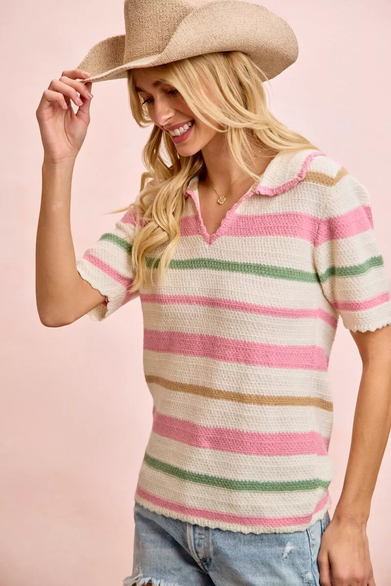 BiBi Multi Colors Stripes Collared Knit Top 