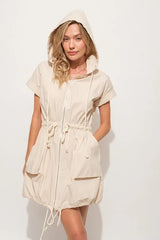 And The Why Short Sleeve String Details Hooded Mini Dress 