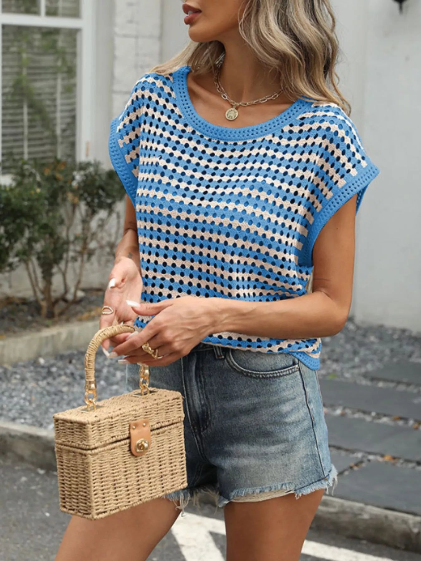 Striped Short Sleeve Crochet Knit Top 