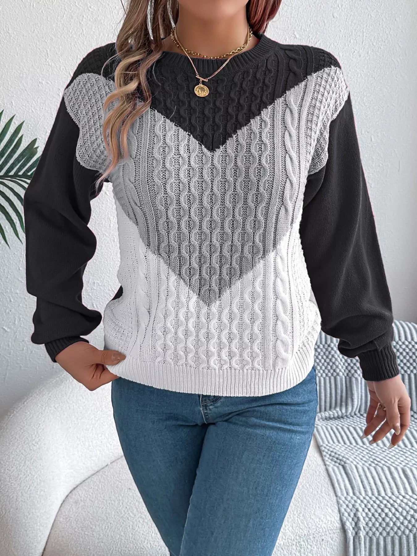 Color Block Cable Knit Sweater 