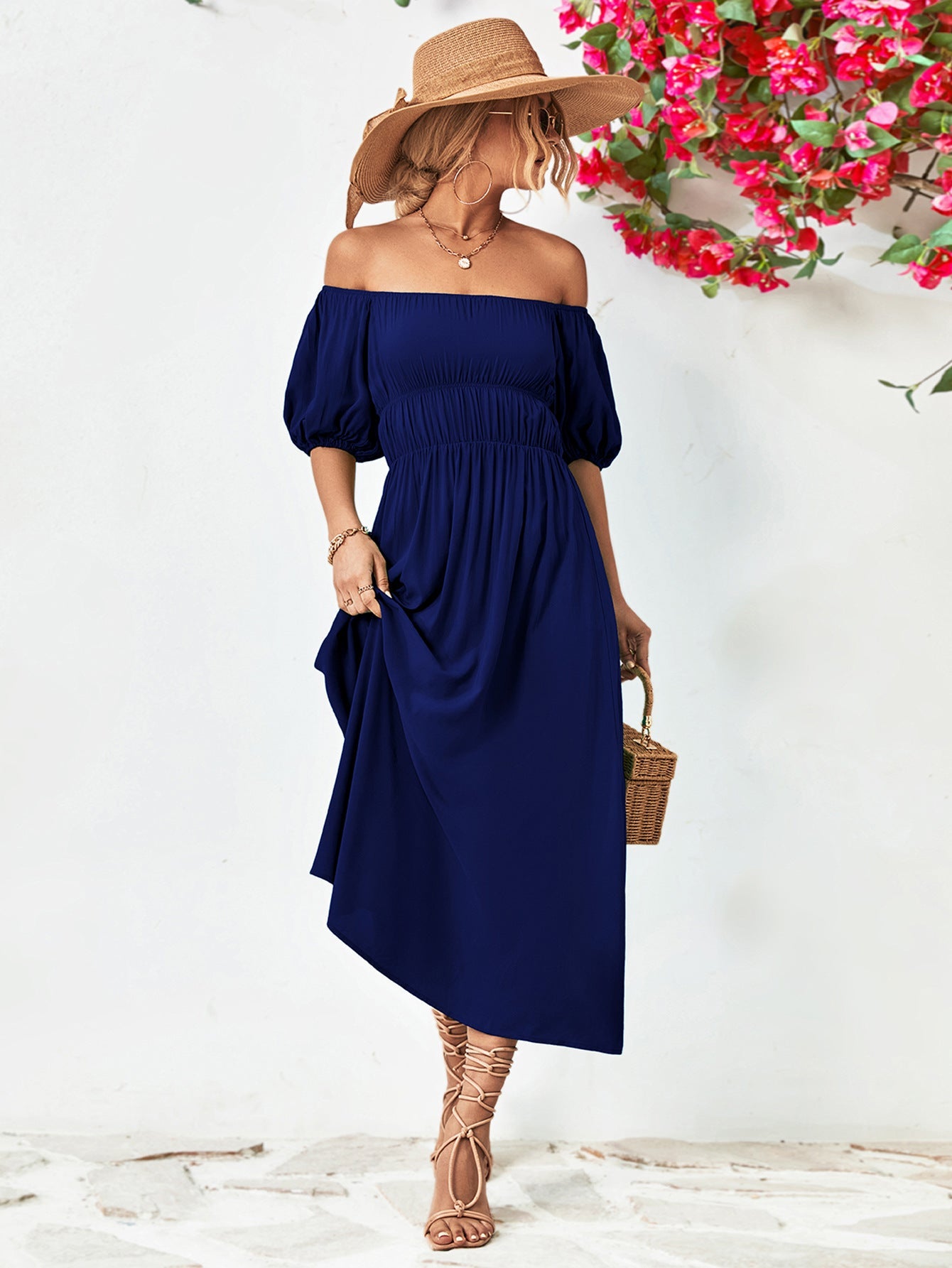 Off-Shoulder Balloon Sleeve Midi Dress 