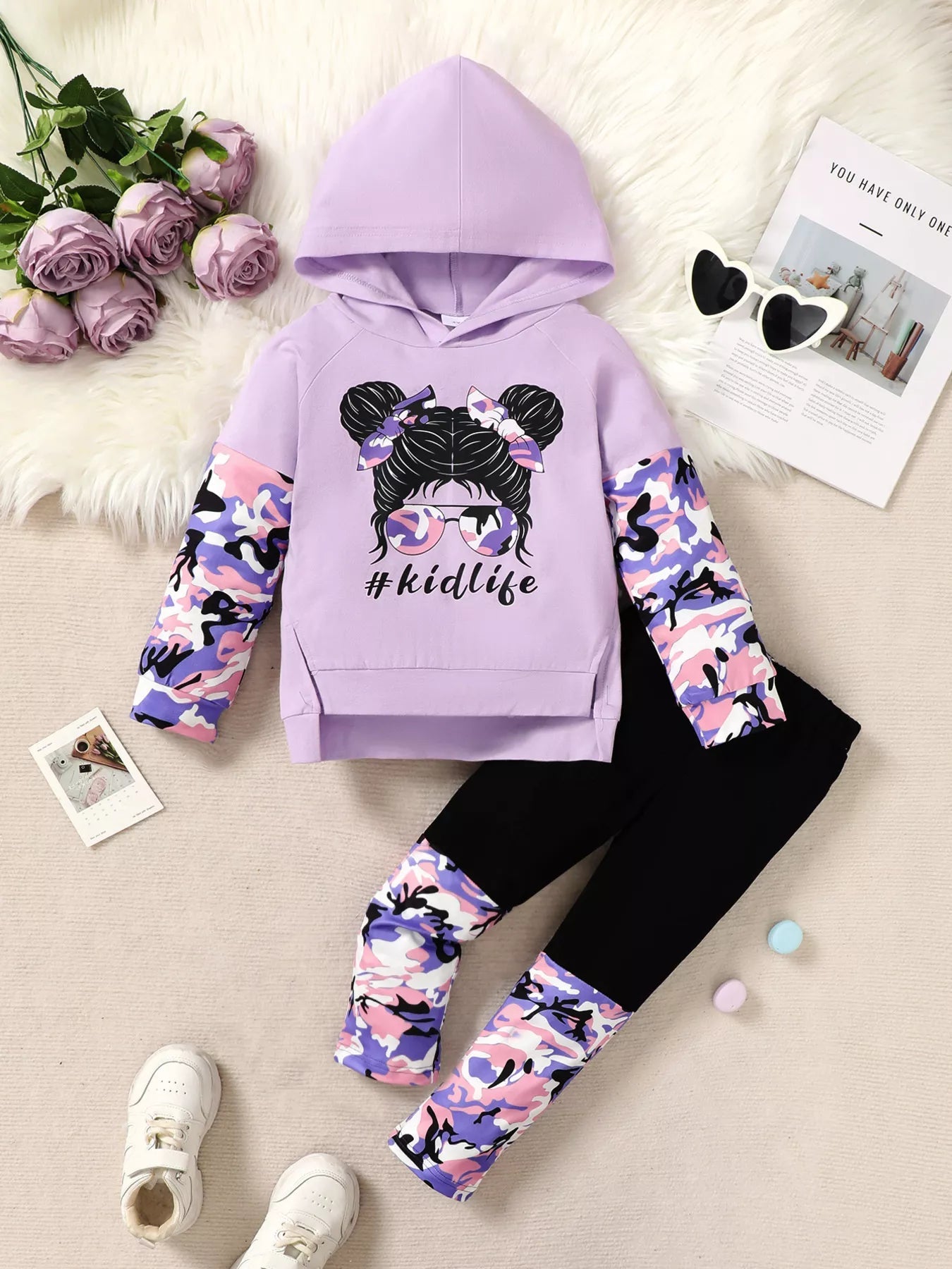 Children's Graphic Camo Print Hoodie & Pants Set 