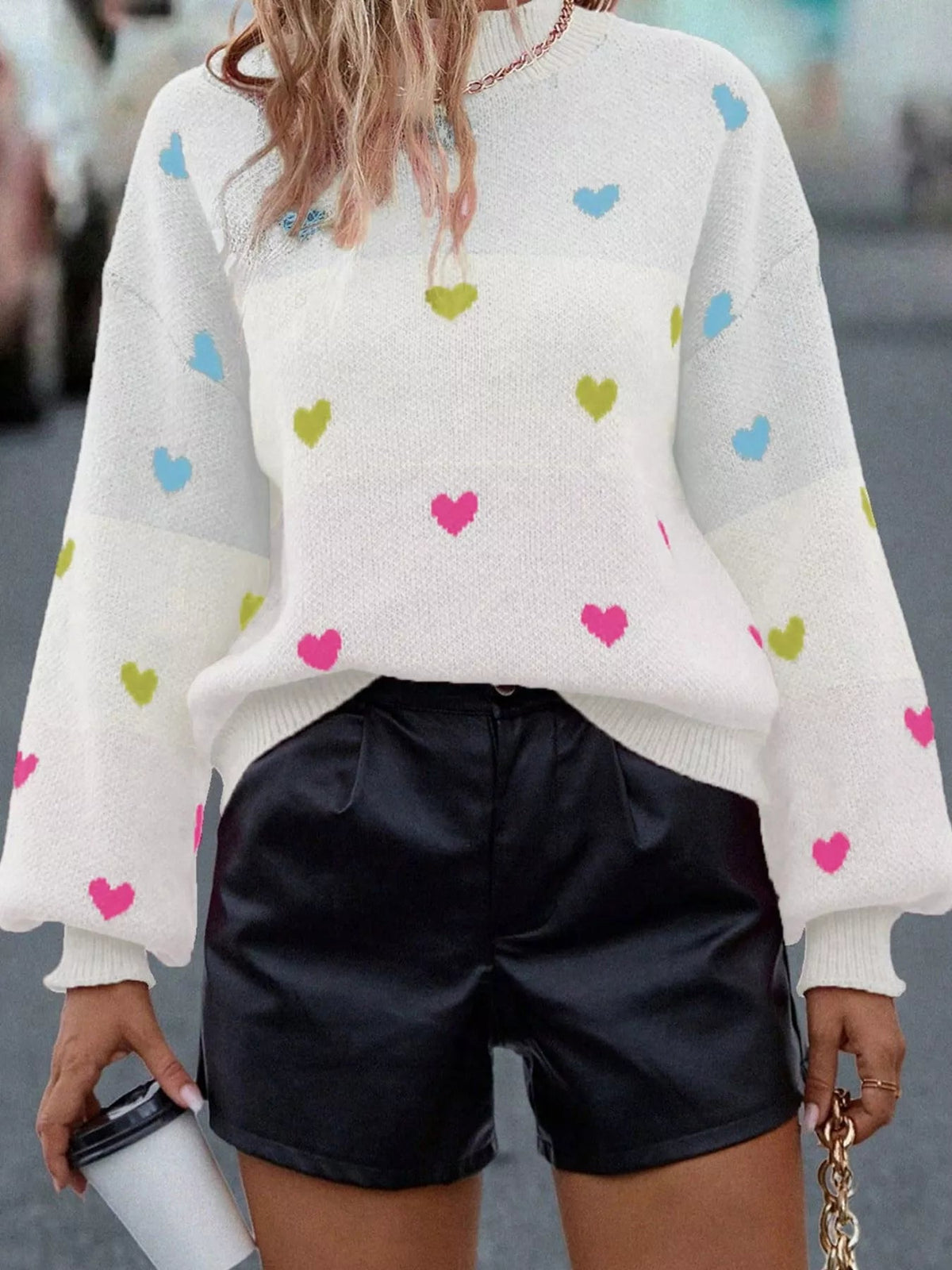 Multicolour Heart Pattern Dropped Shoulder Sweater 