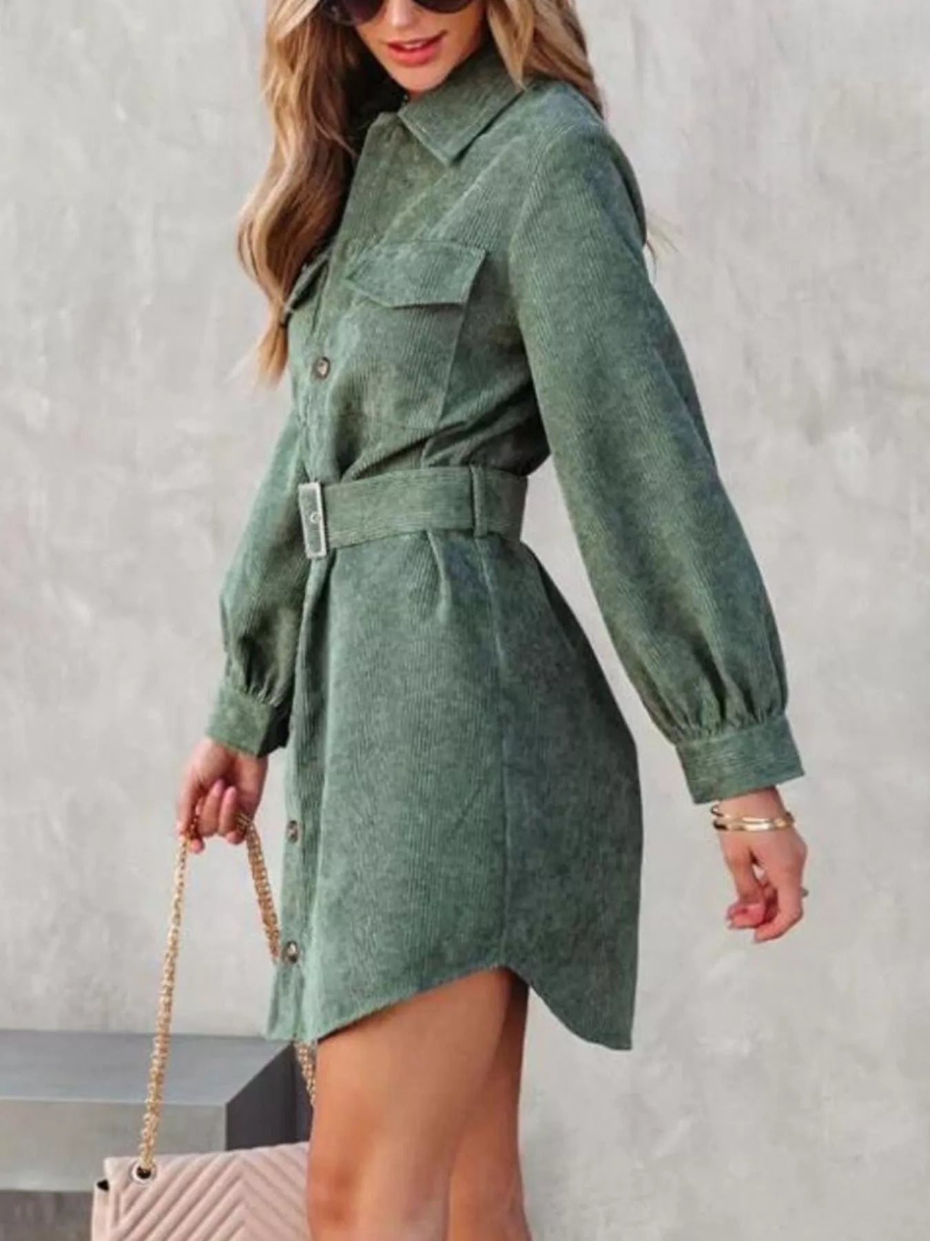 Button Front Belt Long Sleeve Corduroy Dress 