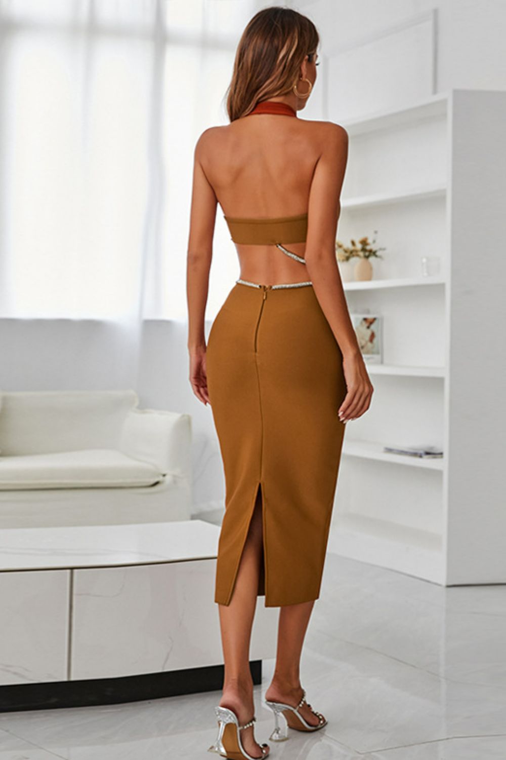 Rhinestone Halter Neck Cutout Slit Midi Dress 