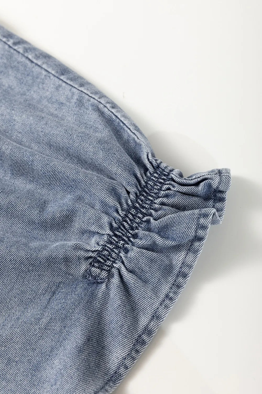 V Neck Ruffled Short Puff Sleeve Denim Top 