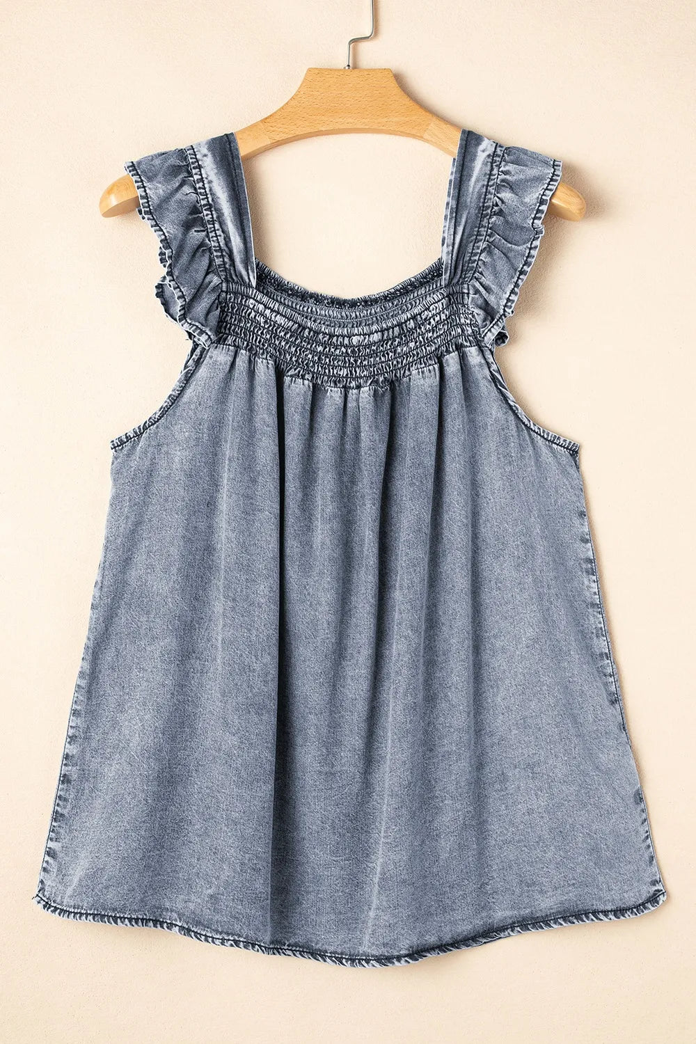 Ruffled Shirred Denim Top 