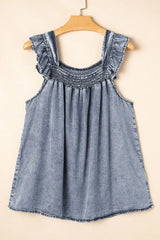 Ruffled Shirred Denim Top 