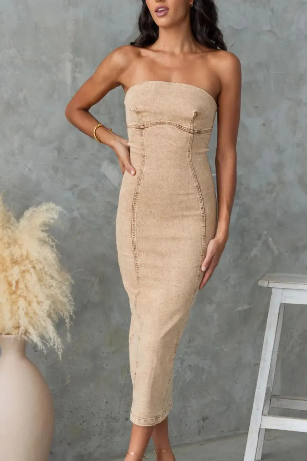 Washed Slit Back Tube Denim Dress 
