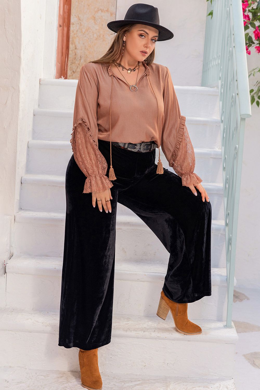 Plus Size Tie Neck Flounce Sleeve Blouse 