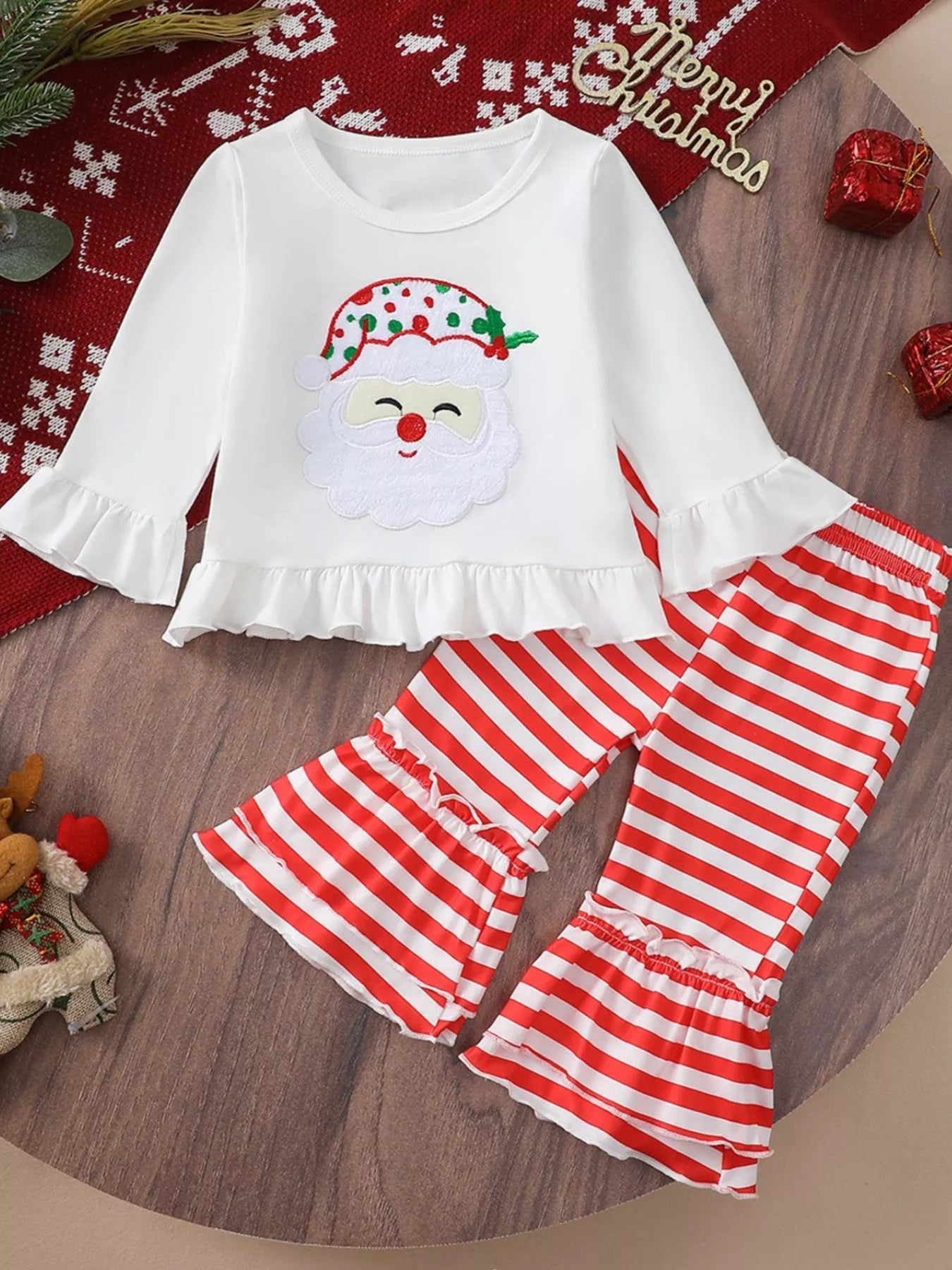 Children's Christmas Ruffle Trim Top and Pants Set 