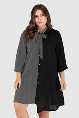 Plus Size Striped Color Block Tie-Neck Dress 