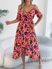 Printed Cold Shoulder Midi Cami Dress 