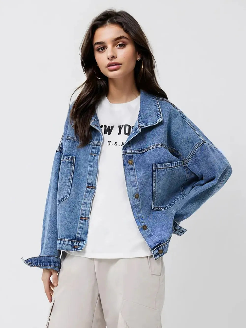 Pocketed Button Up Long Sleeve Denim Top 