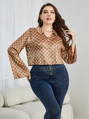 Plus Size Checkered Johnny Collar Flare Sleeve Shirt 