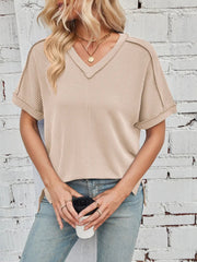 Cord Ribbed V-Neck Short Sleeve T-Shirt 