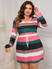 Honey Plus Size Striped V-Neck Long Sleeve Mini Dress 
