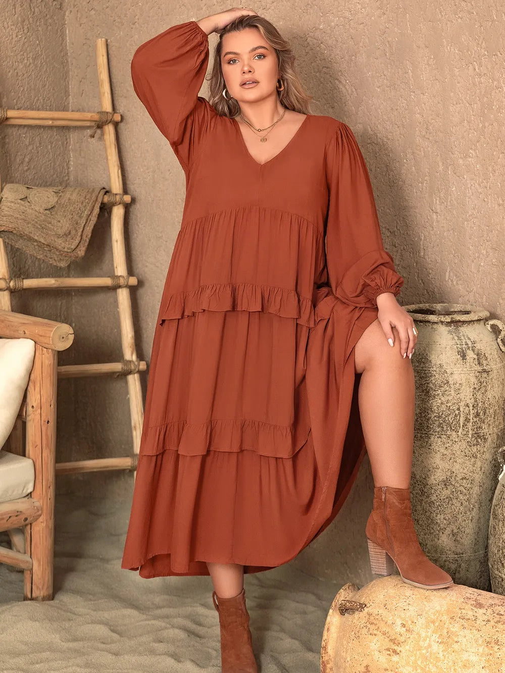 Plus Size Ruffled V-Neck Balloon Sleeve Dress 