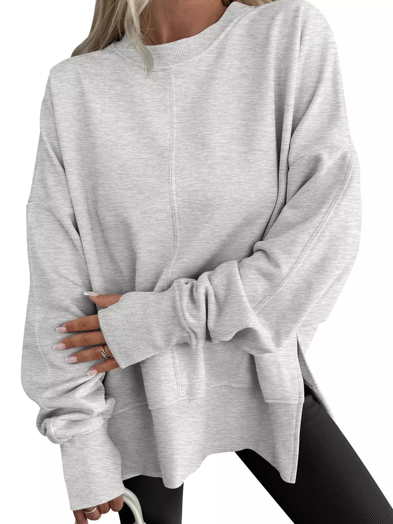 Side Slit Round Neck Long Sleeve Sweatshirt 