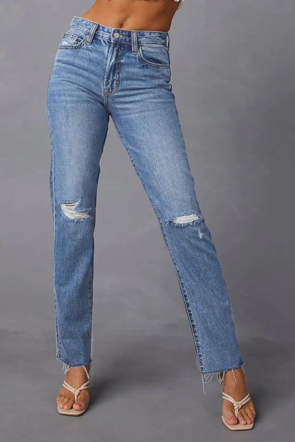 Distressed Raw Hem Straight Jeans with Pockets 