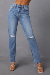 Distressed Raw Hem Straight Jeans with Pockets 