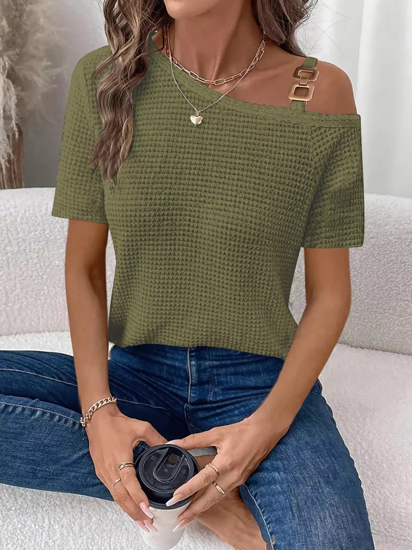 One-Shoulder Chain Detail Waffle Knit T-Shirt 