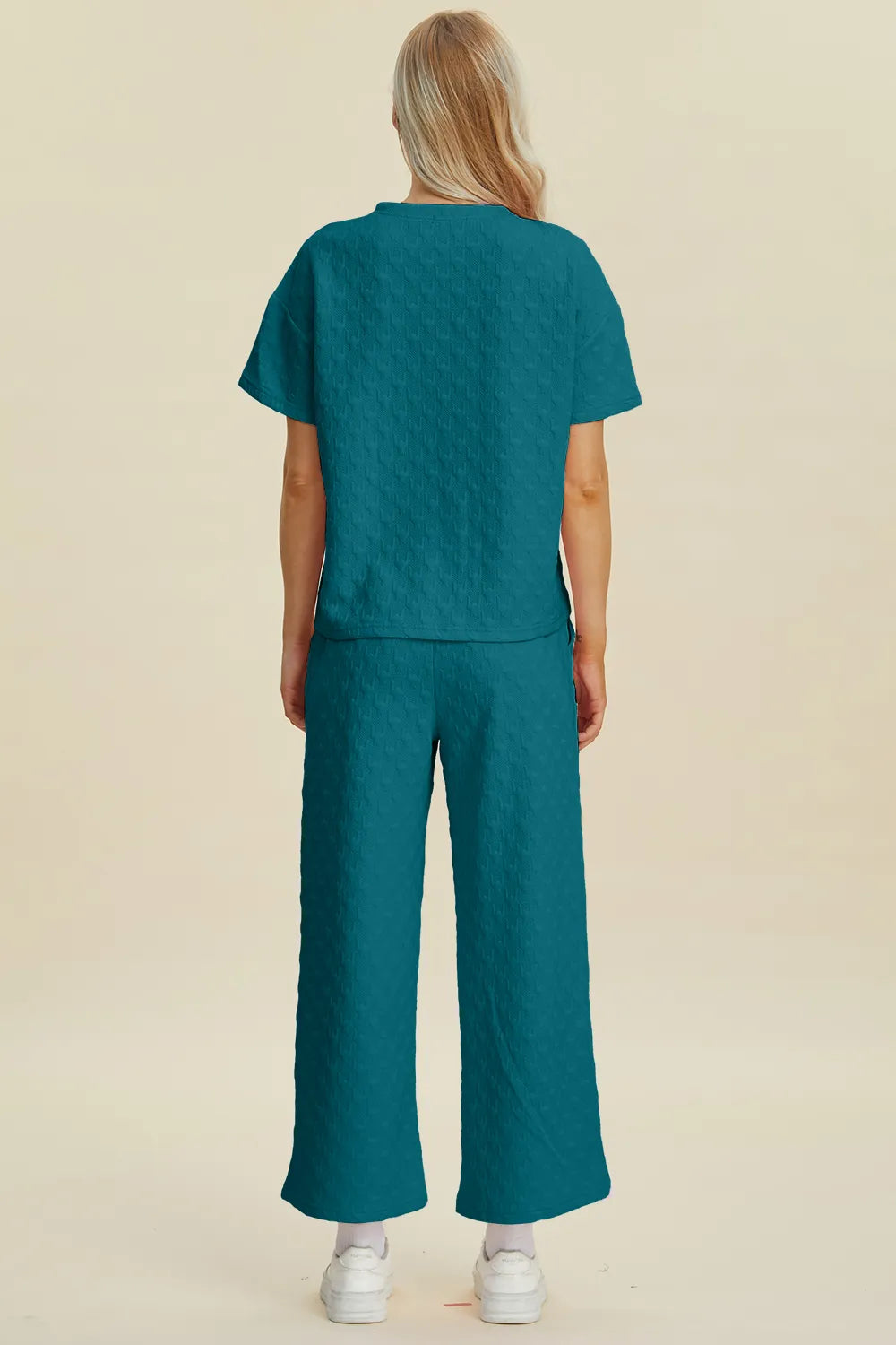 Double Take Full Size Texture Round Neck Short Sleeve Top and Pants Set 