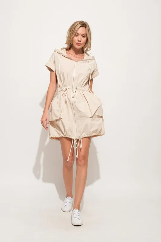 And The Why Short Sleeve String Details Hooded Mini Dress 