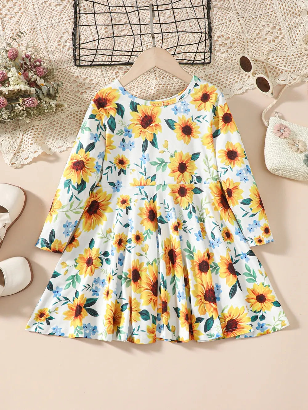 Kids Sunflower Print Round Neck Long Sleeve Dress 