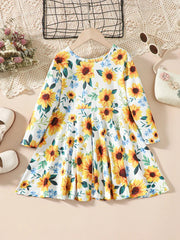 Kids Sunflower Print Round Neck Long Sleeve Dress 