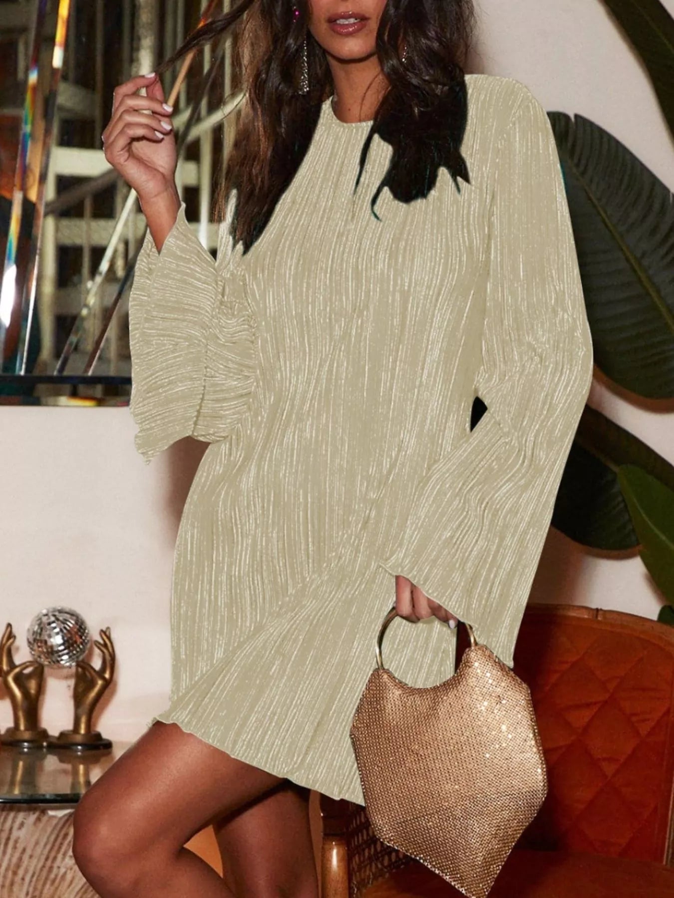 Cutout Back Flare Sleeve Dress 
