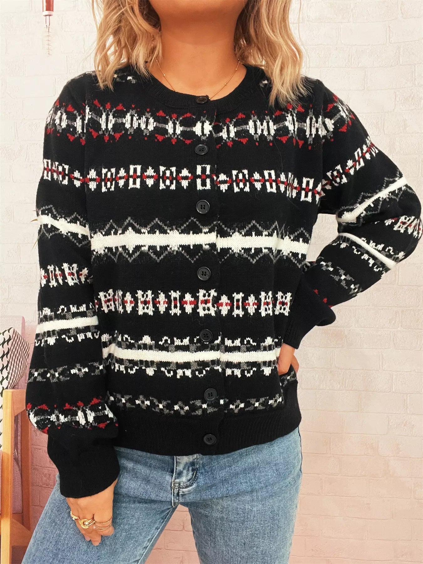 Vintage Pattern Button-Down Cardigan 