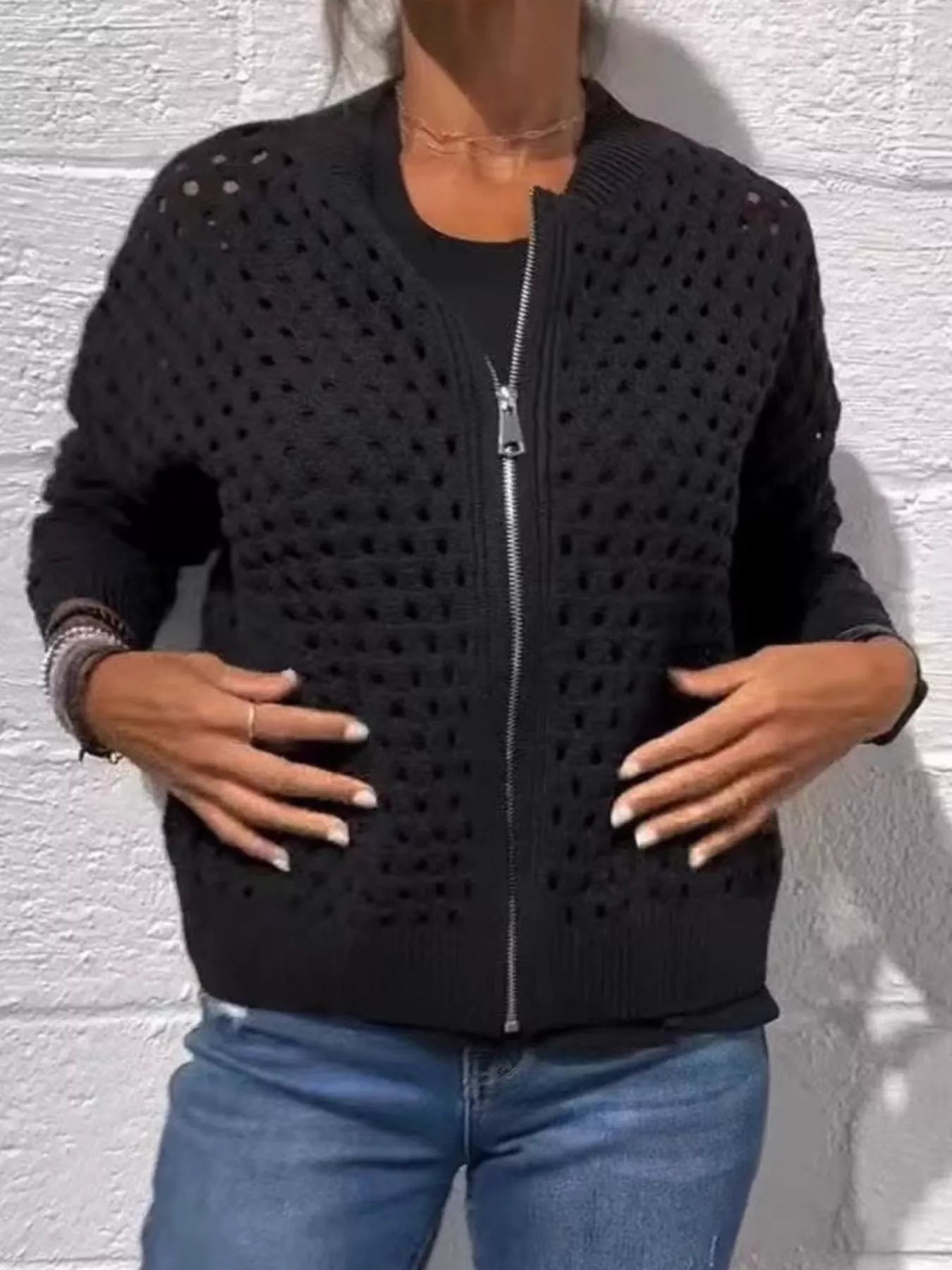 Full Size Zip Up Long Sleeve Cardigan with Eyelet Detail Plus Size 