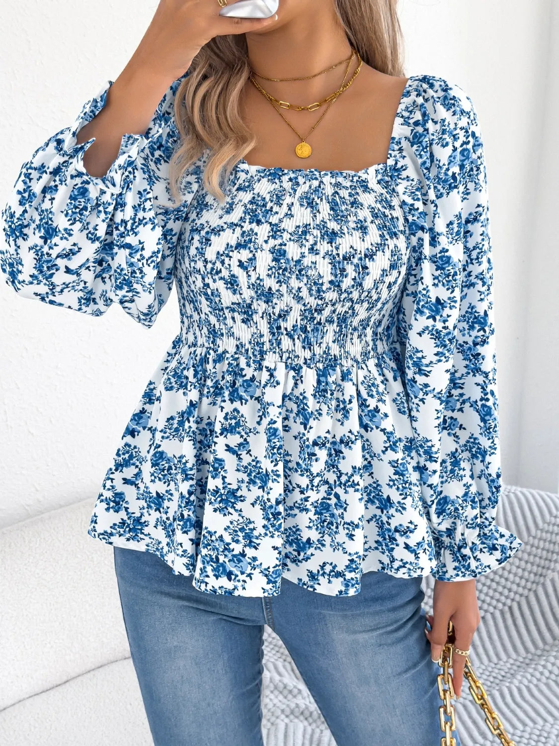 Floral Square Neck Flounce Sleeve Blouse 