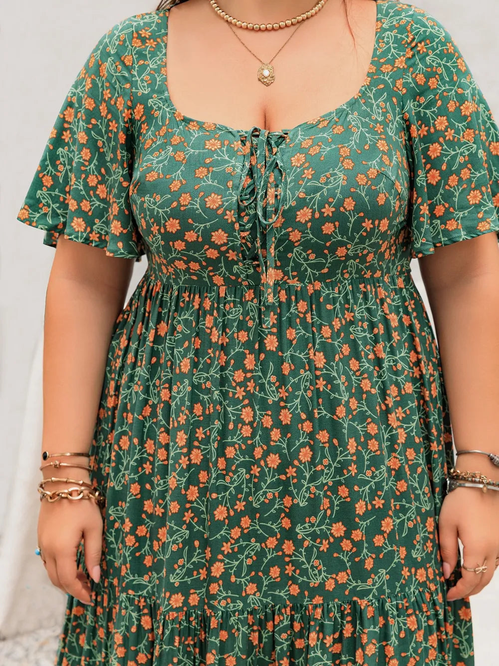 Plus Size Printed Short Sleeve Tiered Maxi Dress 