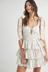 MABLE Floral Print Shoulder Tie Layered Mini Dress 