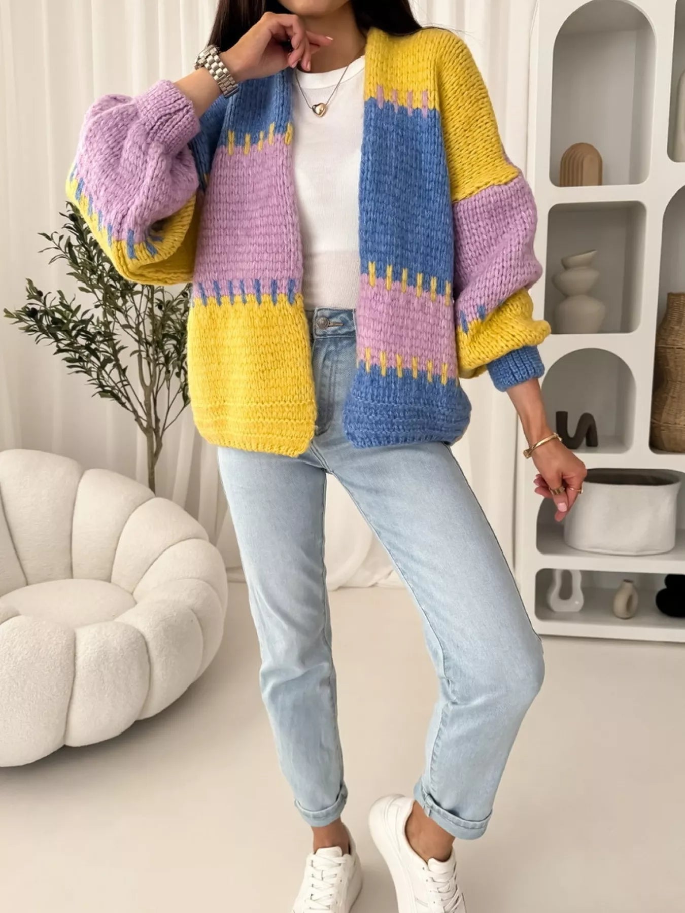 Color Block Open Front Cardigan 