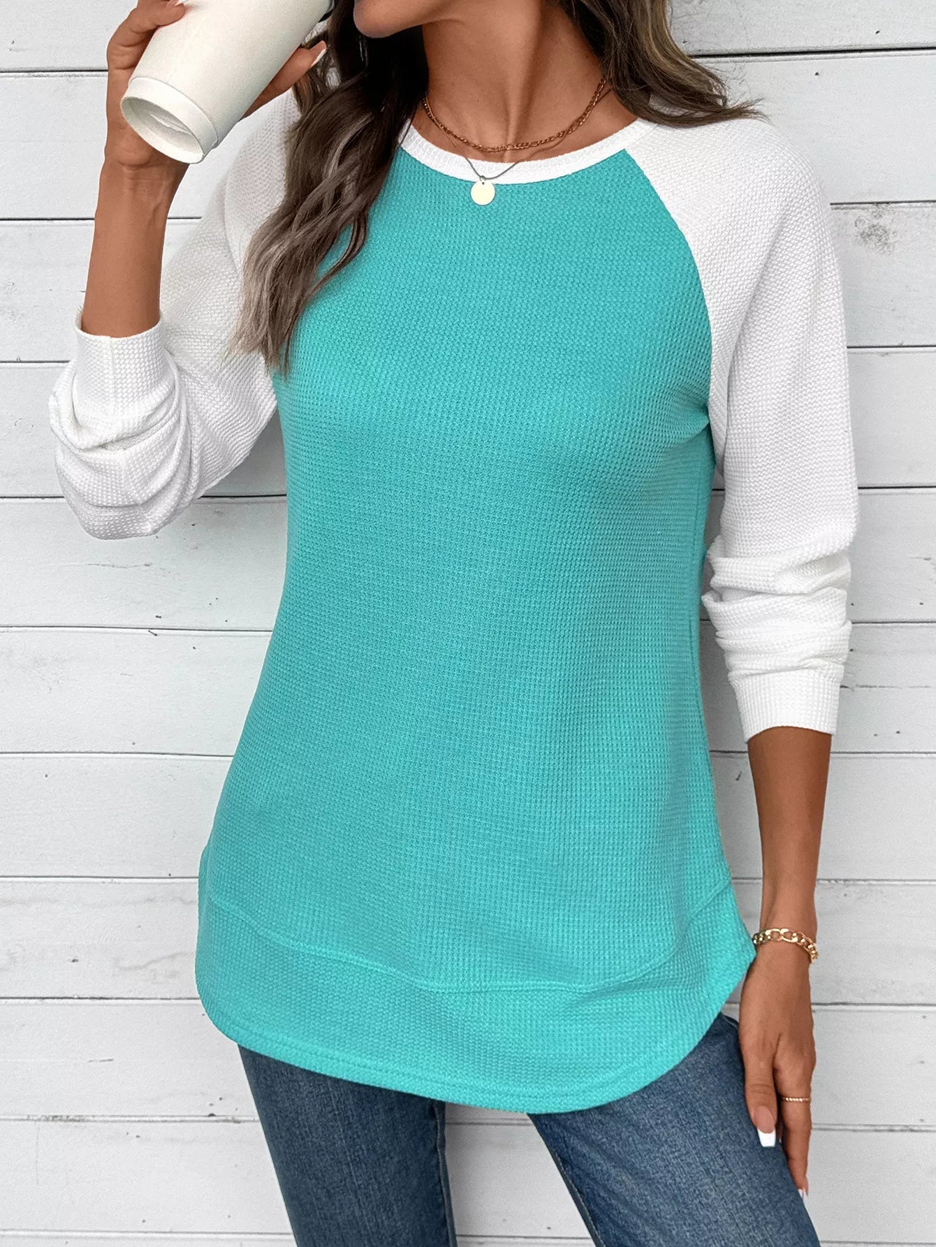 Contrast Raglan Sleeve Waffle Knit T-Shirt 