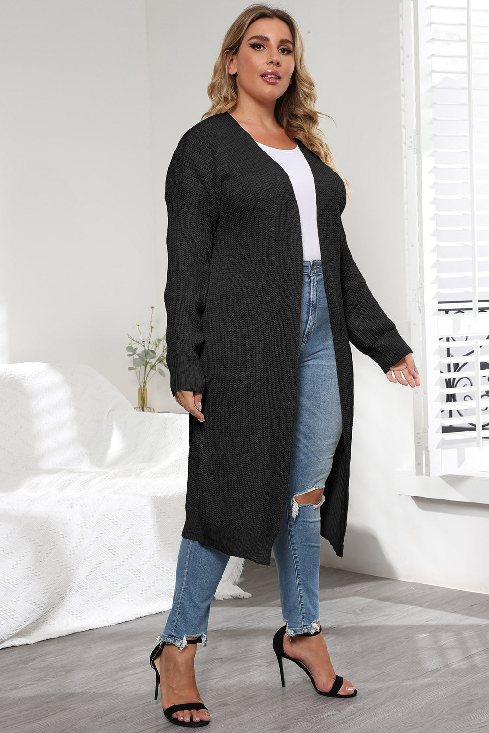 Plus Size Open Front Long Sleeve Cardigan 