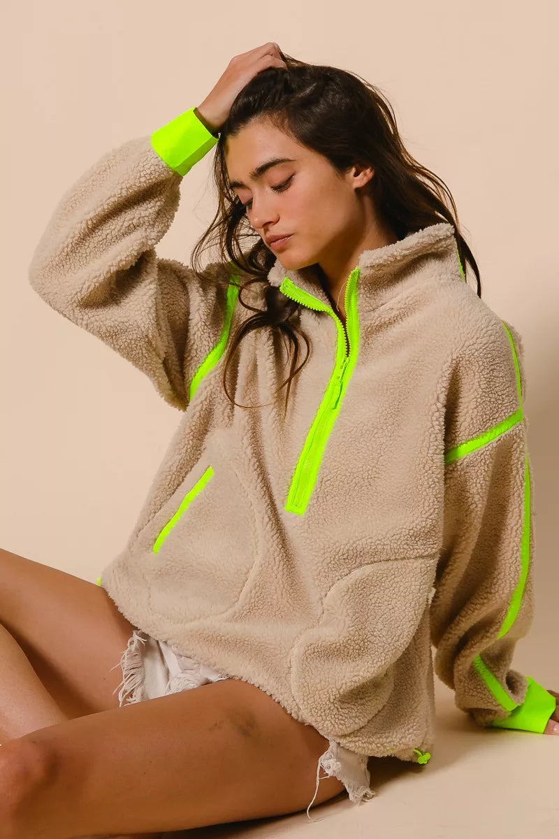 BiBi Contrast Edge Half Zip Up Sherpa Jacket 