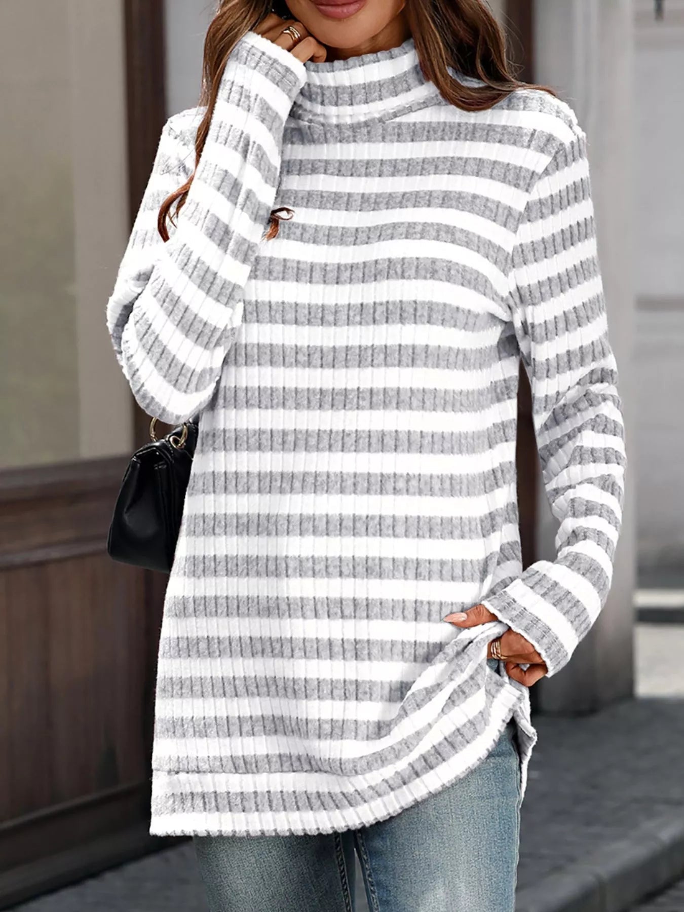 Striped Turtleneck Long Sleeve Knit Top 