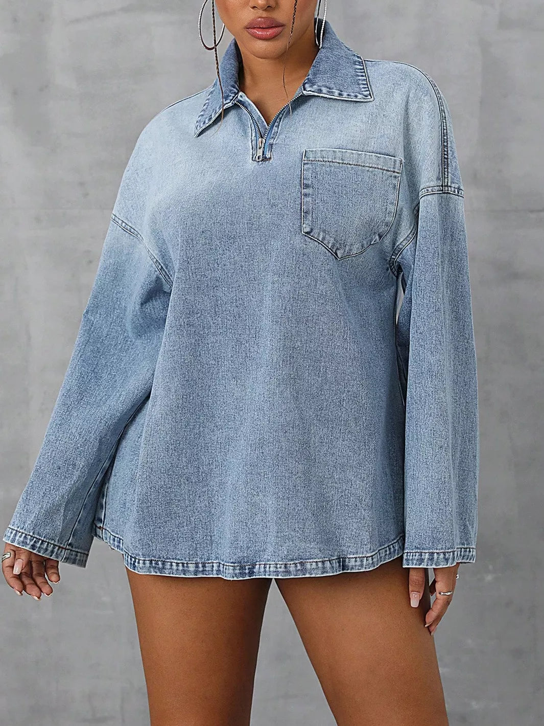 Collared Neck Drop Shoulder Denim Top 