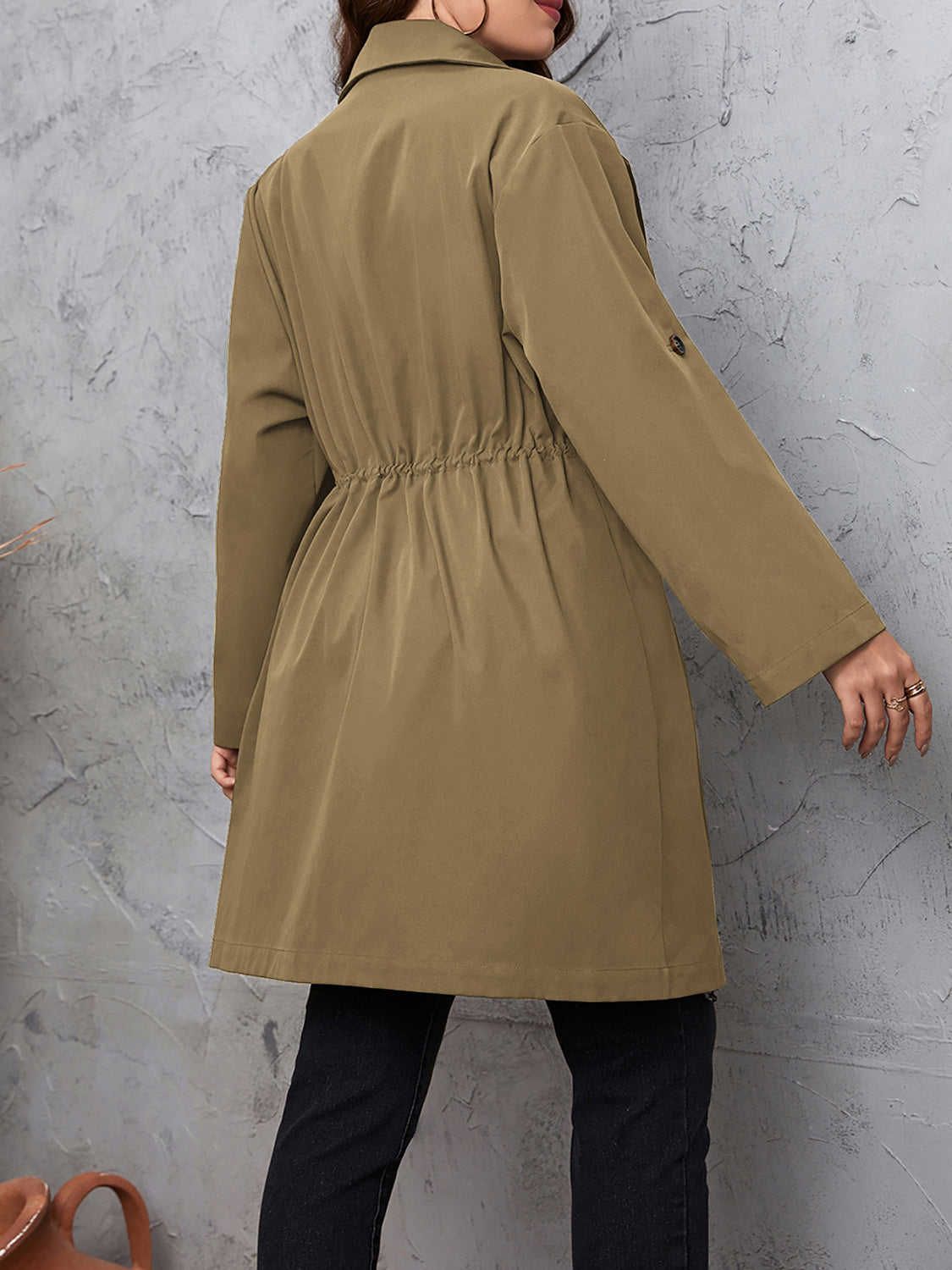 Honey Plus Size Lapel Collar Drawstring Roll-Tab Sleeve Trench Coat 