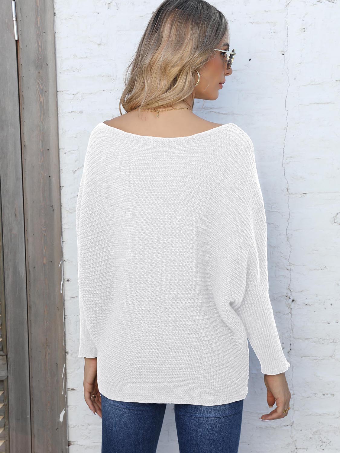 Full Size Horizontal Ribbing Dolman Sleeve Sweater 