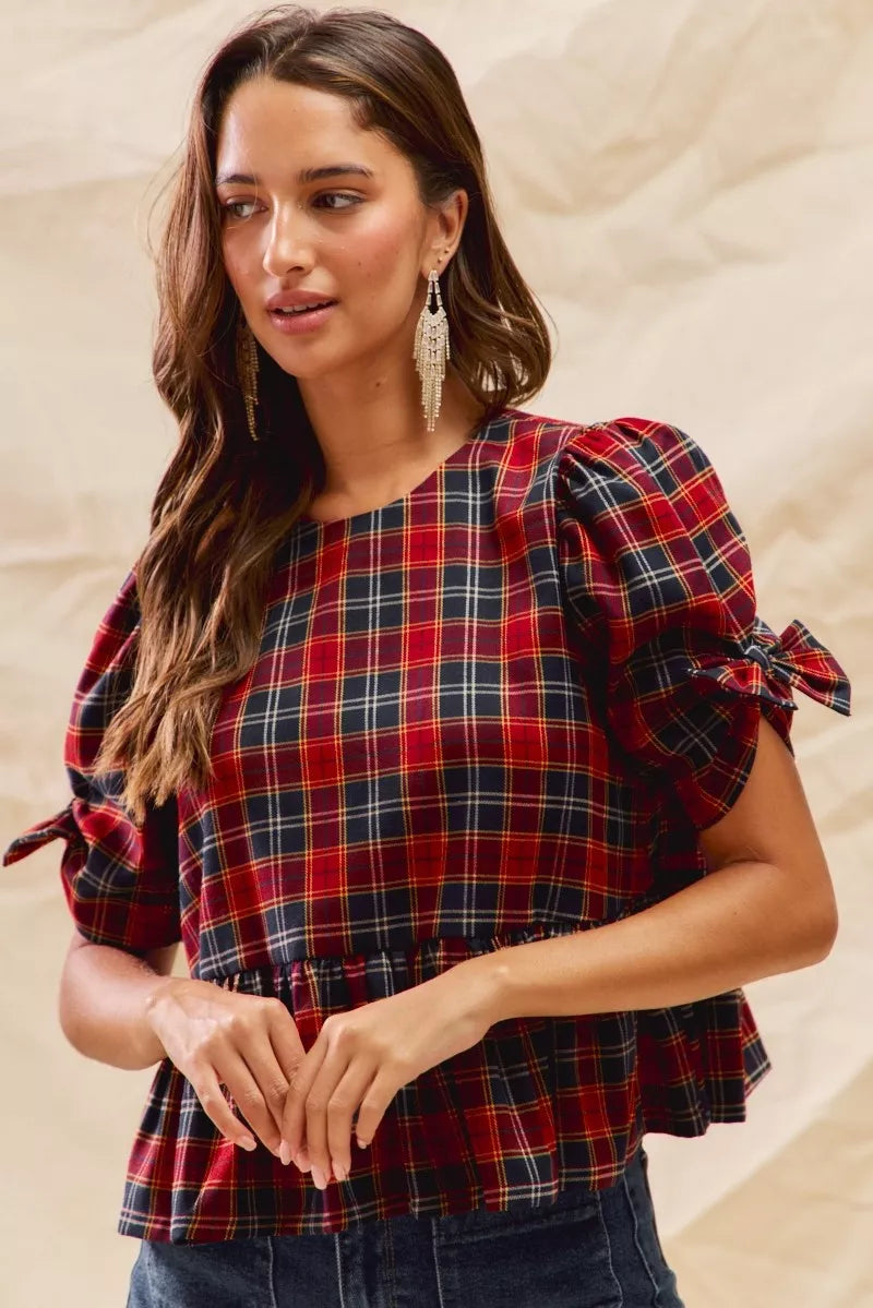 SO ME Christmas Holiday Plaid Ribbon Short Sleeves Top 