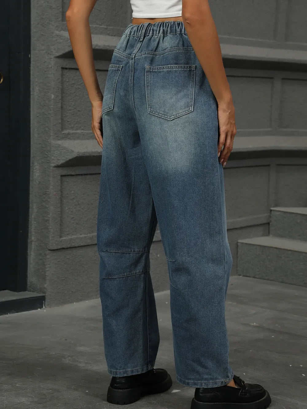 Half Elastic Waist Straight Leg Jeans 